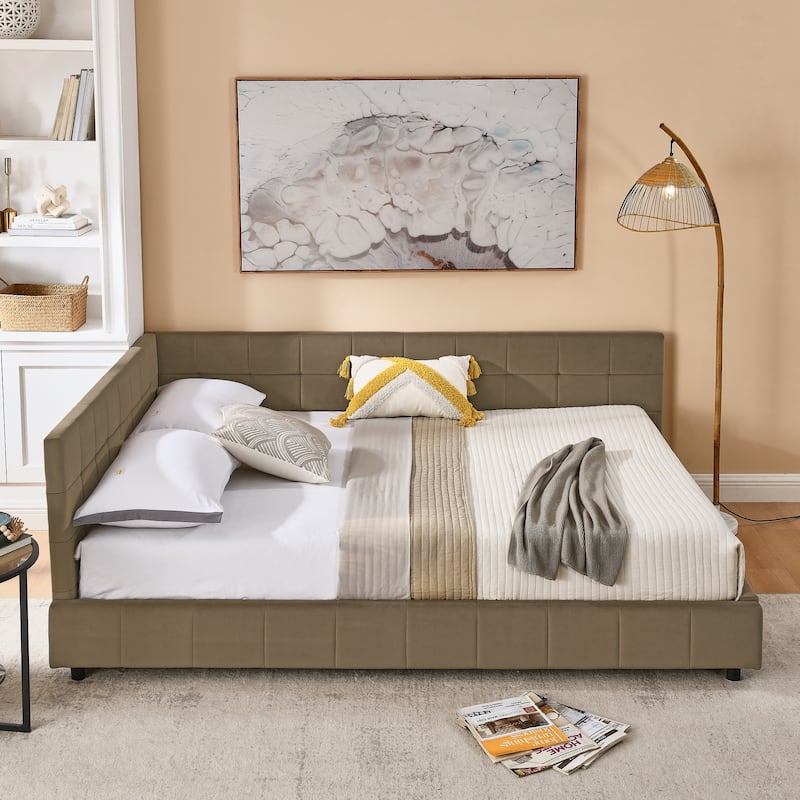 Mid-Century Velvet Queen Daybed with Tufted Backrest and Armrest, Convertible Sofa Bed Frame, Sturdy Upholstered Platform