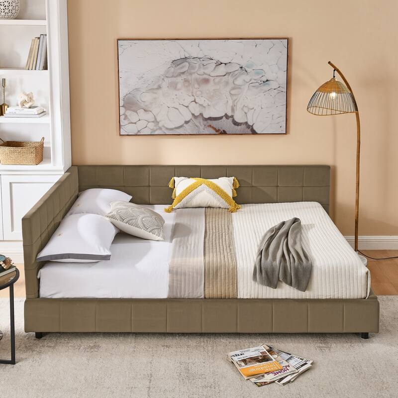 Queen Size Platform Bed with Velvet Upholstery, Armrest & Eucalyptus Frame