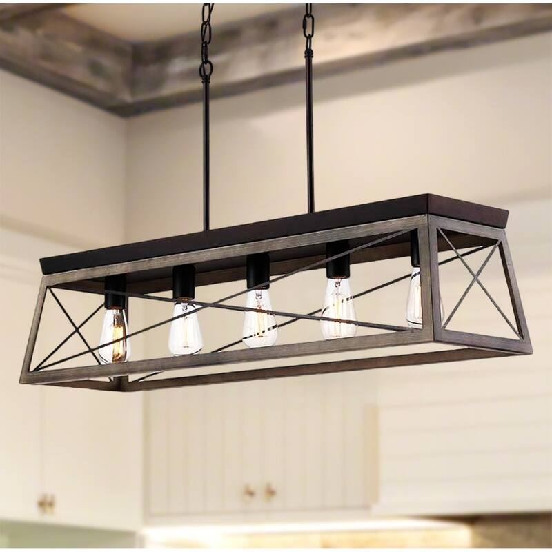 5-Light Antique Bronze Linear Kitchen Light Farmhouse Chandelier with Wood Open Frame - Brown