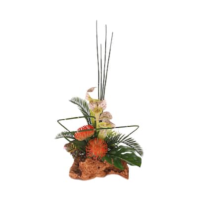 High Style Ikebana Tropical Arrangement in Natural Rustic Wood Bowl - Orange, green, cream burgundy