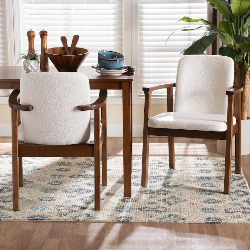 Miyagi Boucle Fabric Dining Chair - Mid-Century Modern Armchair with Solid Wood Frame and Rounded Back, Walnut Brown and White