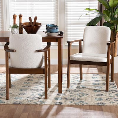 Miyagi Boucle Fabric Dining Chair - Mid-Century Modern Armchair with Solid Wood Frame and Rounded Back, Walnut Brown and White
