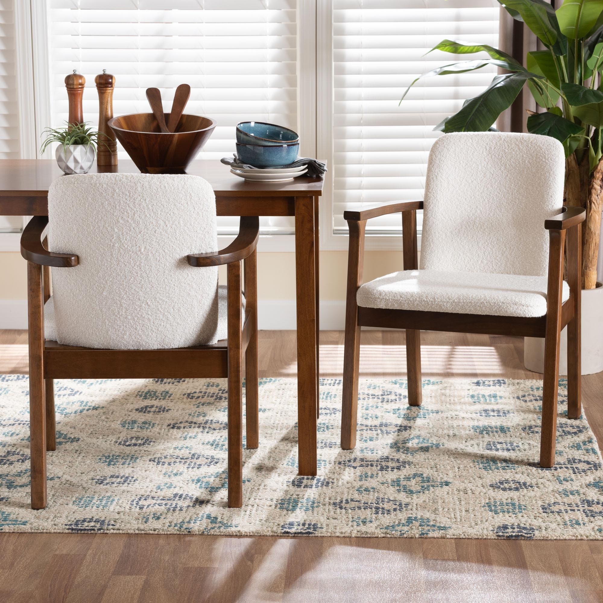 Miyagi Boucle Upholstered Dining Chair Set of 2- Mid-Century Modern Armchair with Rounded Backrest, Walnut Brown and White