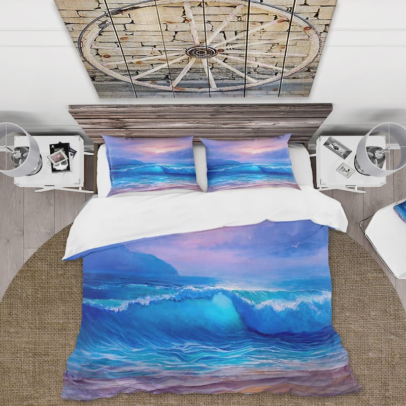 Designart 'Golden Sunset Over The Sea By The Beach' Nautical & Coastal Duvet Cover Set