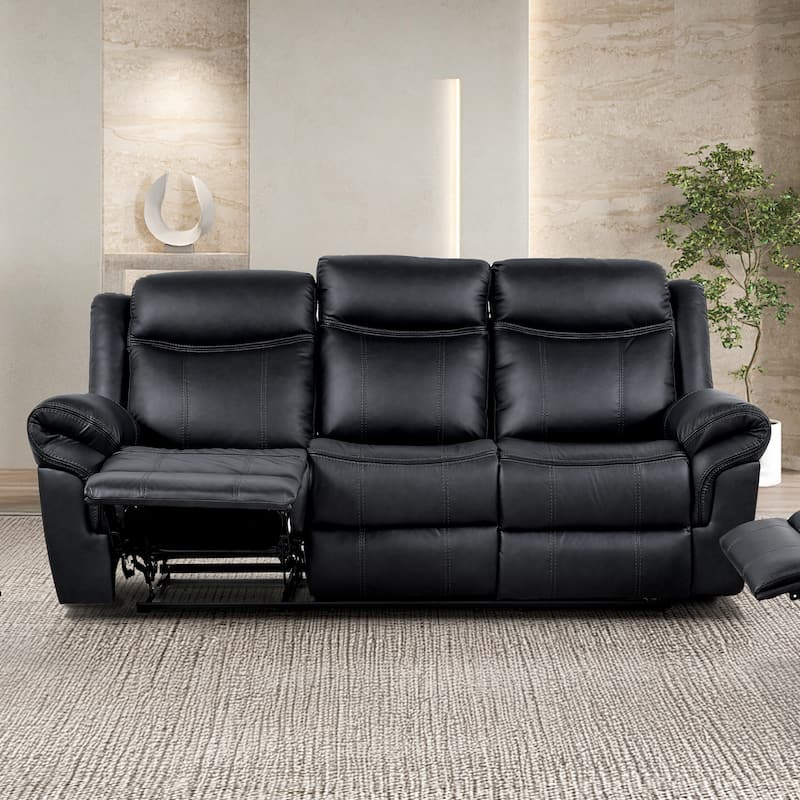 Verne Modern Leather Manual Reclining Sofa with Flip Down Cup Holders - Black