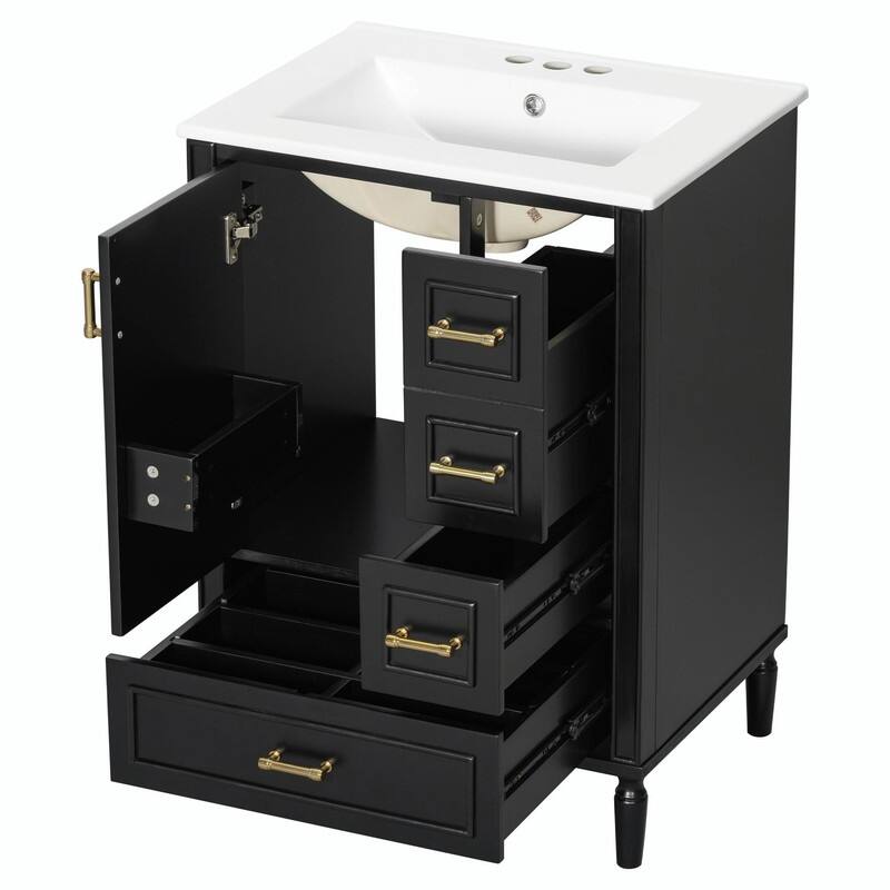 24" Modern Bathroom Vanity with Ceramic Sink, Soft-Close Door, 3 Drawers, Gold Handles & Door Rack