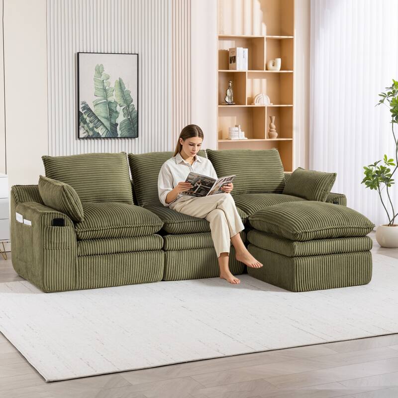 103" L-Shaped Corduroy Boneless Sectional Sofa with Movable Ottoman
