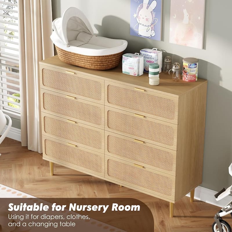 Rattan 8 Drawer Dressers TV Stand for Bedroom Living Room