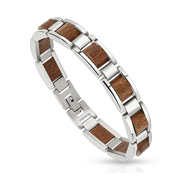 Scalloped Wood Pieces in Stainless Steel Frame Bracelet (12 mm) - 9 in