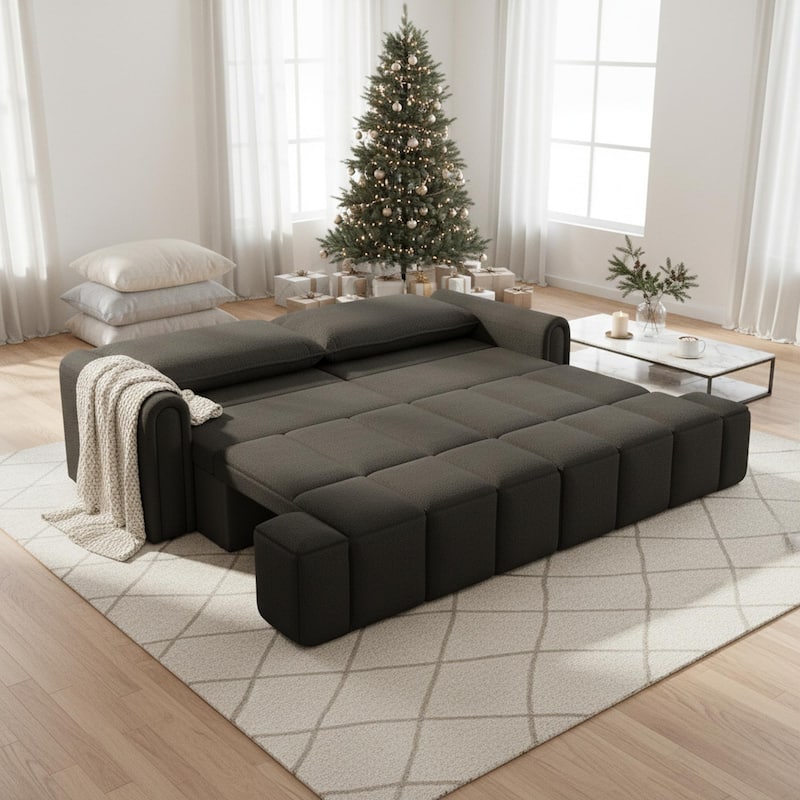 Homy Casa 90.2" 4-Seater Modern Teddy Fabric Convertible 3 in 1 Sofa Bed with Storage, King Size Sleeper Sofa - Black