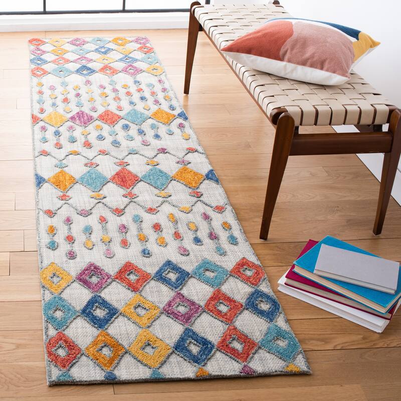 SAFAVIEH Handmade Aspen Shega Moroccan Boho Wool Rug - 2'3" x 9' Runner - Light Grey/Blue