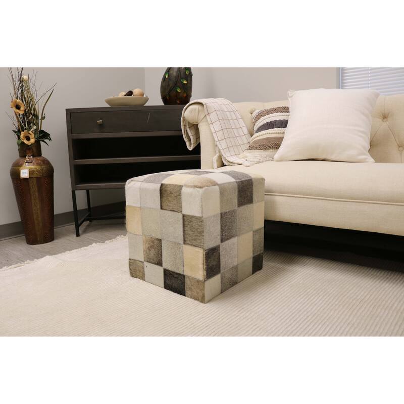 Home&Manor Seville 16" Cowhide Leather Cube Pouf