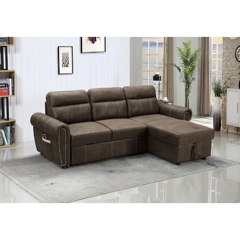 Hugo Brown Reversible Sleeper Sectional Sofa Chaise with USB Charger