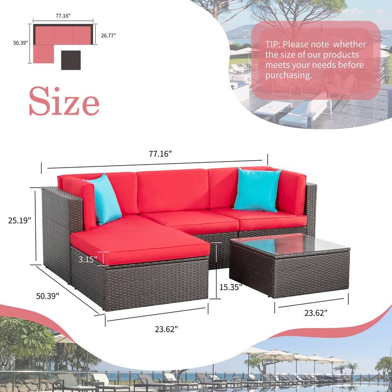 Futzca 5-Piece PE Wicker Patio Furniture Set with Red Pillows