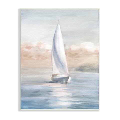 Stupell Industries Sailboat Under Cloudy Morning Sunrise Soft Contemporary Ocean Wood Wall Art - Orange