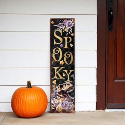 HomeRoots 36" Black Gold And Purple Solid Wood Spooky Halloween Skull Porch Sign