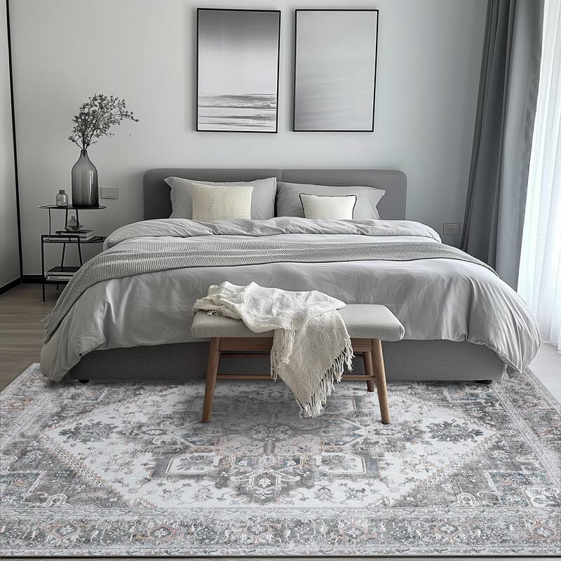 Mcow Vintage Gray Classical Pattern Ultra-Thin Low-Pile 5x7 Non-Slip Washable Area Rug - 5' x 7'