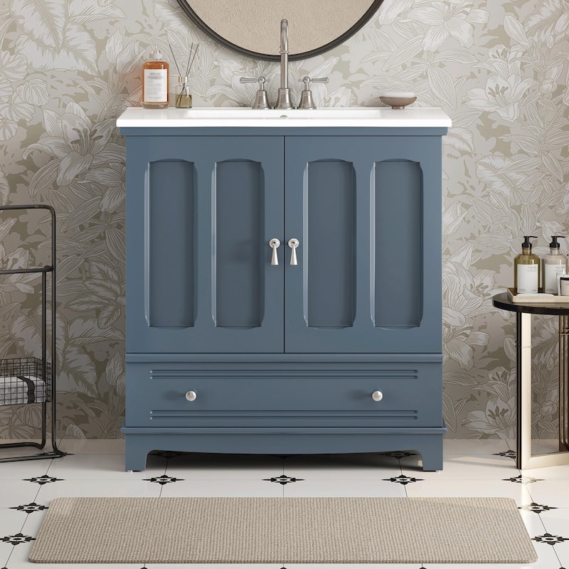30" Bathroom Vanity with Ceramic Sink - Solid Wood Frame Bathroom Sink Cabinet with Adjustable Shelf - Blue