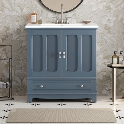 30" Bathroom Vanity with Ceramic Sink - Solid Wood Frame Bathroom Sink Cabinet with Adjustable Shelf
