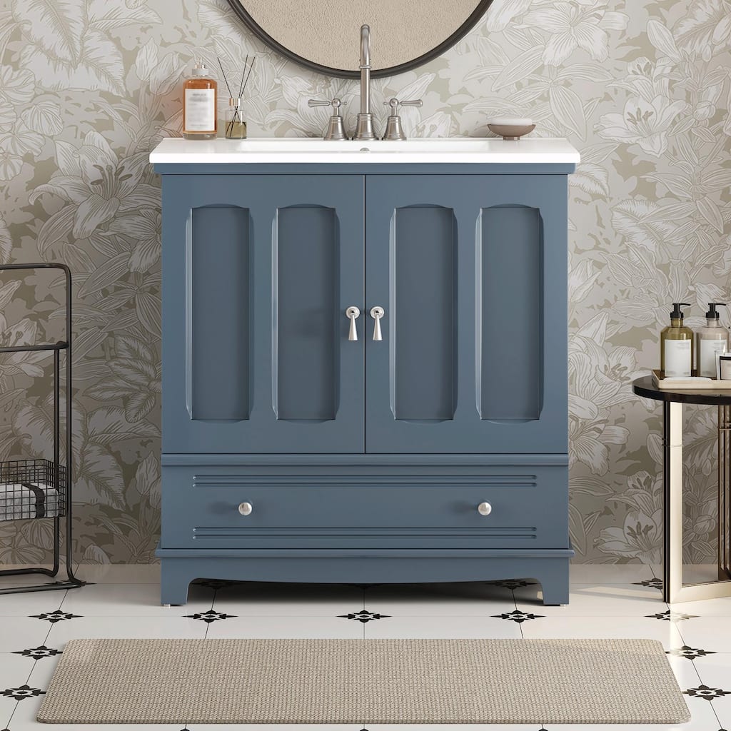 30" Bathroom Vanity with Ceramic Sink - Solid Wood Frame Bathroom Sink Cabinet with Adjustable Shelf