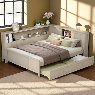 Full Size Wood Daybed with Storage Shelves, Sliding Door Cabinet and Twin Trundle in Antique White Milk