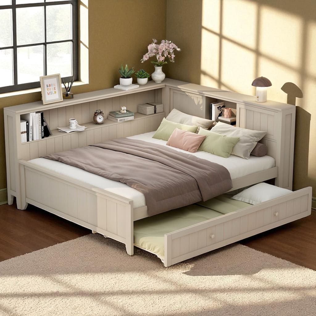 Full Size Wood Daybed with Storage Shelves, Sliding Door Cabinet and Twin Trundle in Antique White Milk
