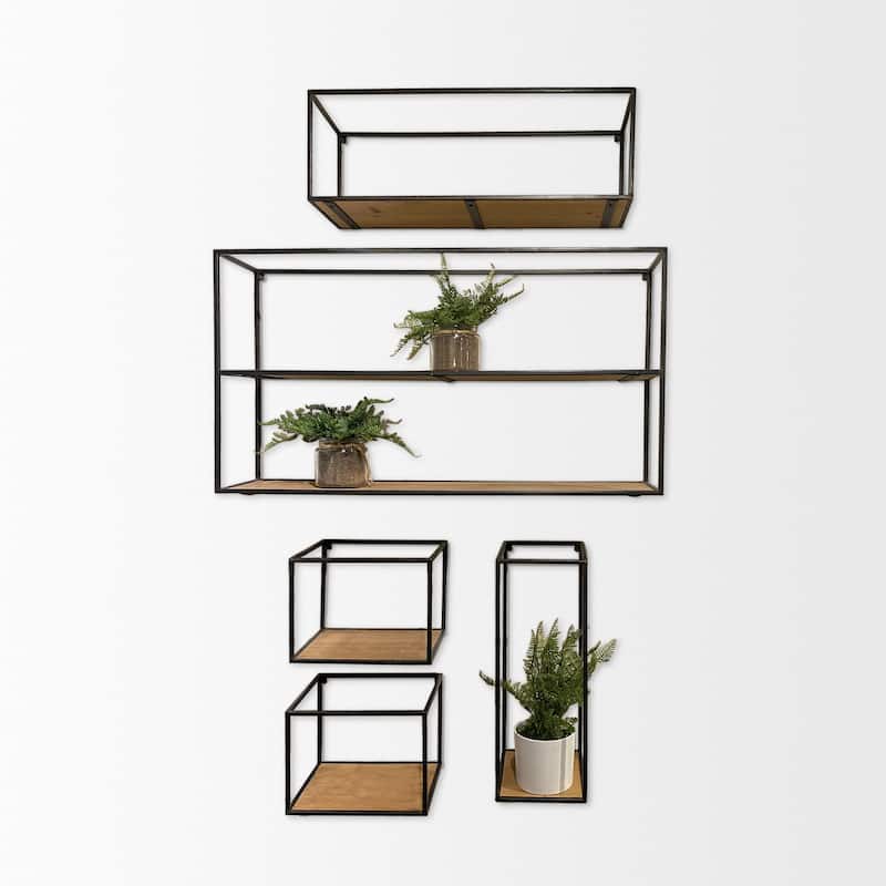 Riaz Black Metal And Brown Wood Cube Shelves (Set of 5)