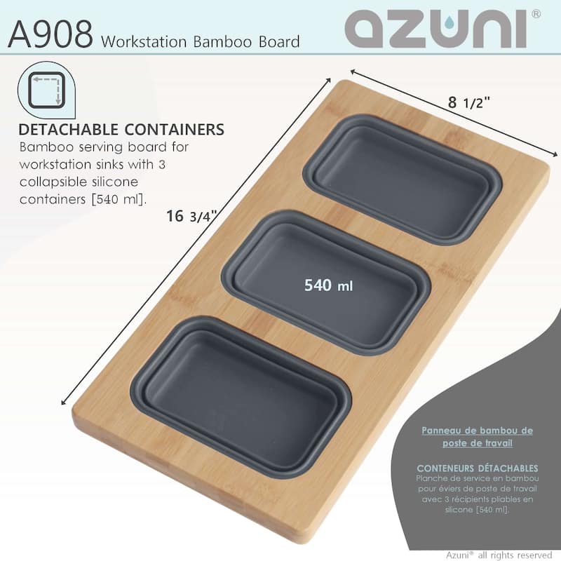 AZUNI 16.75 inch Over the Sink Divided Serving Board with 3 Collapsible Containers - 16.75" x 8.5"