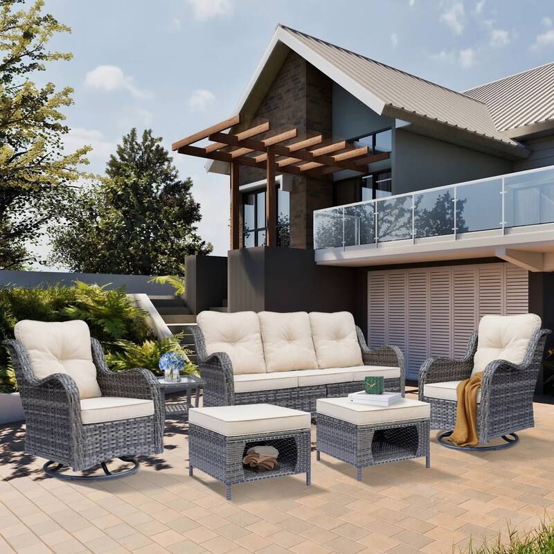 6 Piece Outdoor Wicker Patio Conversation Sofa Sets with Swivel Chairs - Beige-Gray Rattan