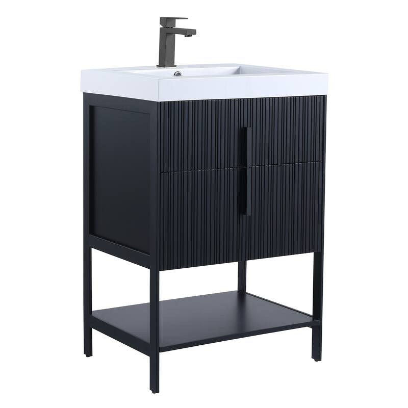 Fine Fixtures Serenity Modern Bathroom Vanity with White Gel Acrylic Top - Black Matte - Black Hardware - 24 inch