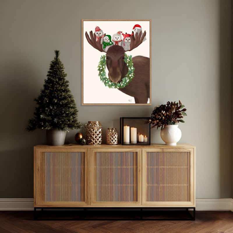 Christmas Moose and Christmas Owls by Fab Funky (23 x 28 in.), Framed Canvas Wall Art Print - Sylvie Beaded Rustic Natural