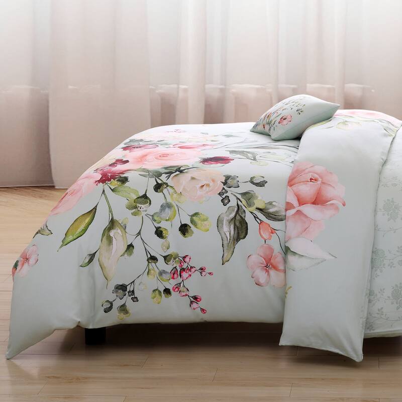 Bebejan Rose on Misty Green 100% Cotton 5-Piece Reversible Comforter Set