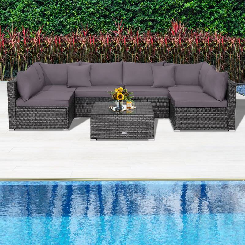 Patio Rattan Furniture Set Sectional Sofa Garden Cushion - 7 Pieces - Armless Sofa: 29" x 25.5" x 24"