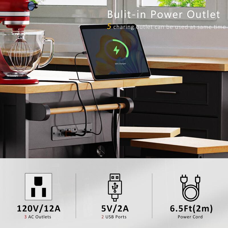 Large Kitchen Island with Drop Leaf,Power Outlet,Door Internal Storage Rack,3 Drawers(Not include bar stools) - N/A