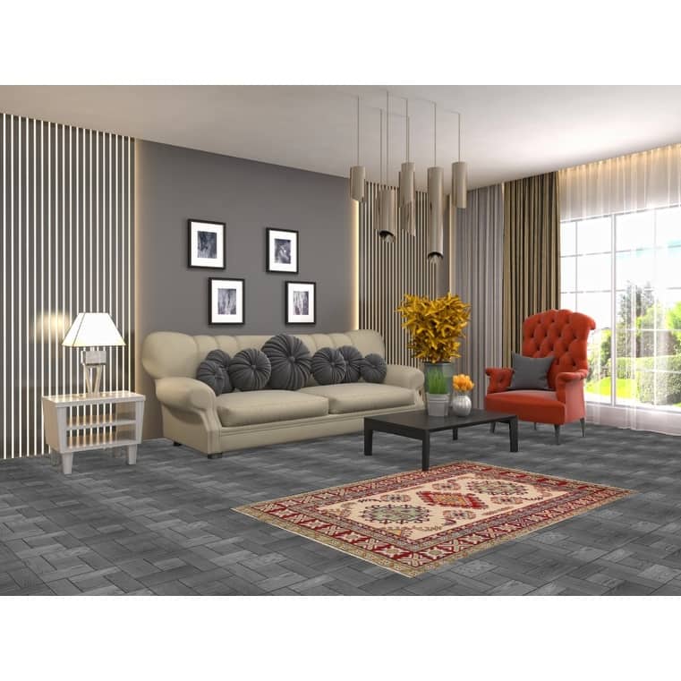 Geometric Beige Kazak Accent Rug Hand-Knotted Wool Carpet - 3'3" x 5'1"