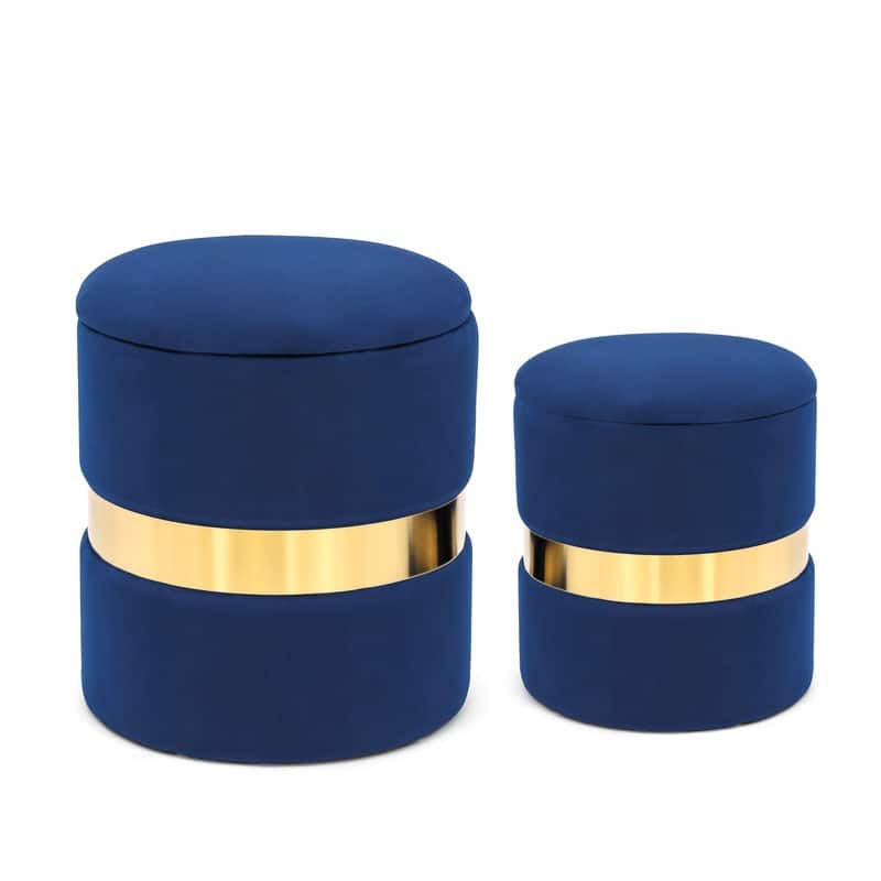 Adeco Set of 2 Velvet Storage Ottoman Round Foot Stool Metal Band