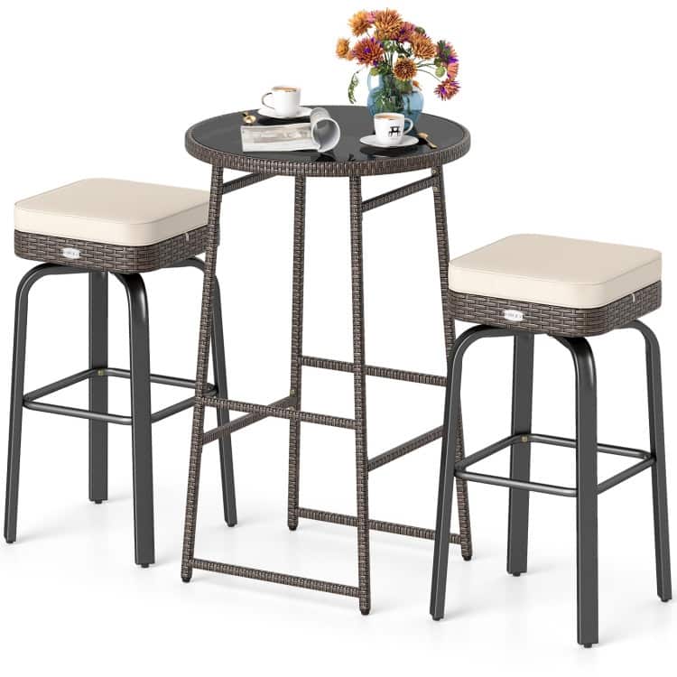 3-Piece Outdoor High Bar Set with Swivel Chairs and Tempered Glass Table Included Cushioned Seats - Table: 25” × 40” (Dia. × H)