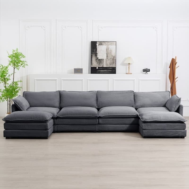 Oversized Modular Corduroy Sectional Sofa Set with Ottoman, 3-Seater / 4-Seater Deep Seat Lounge Couch for Living Room