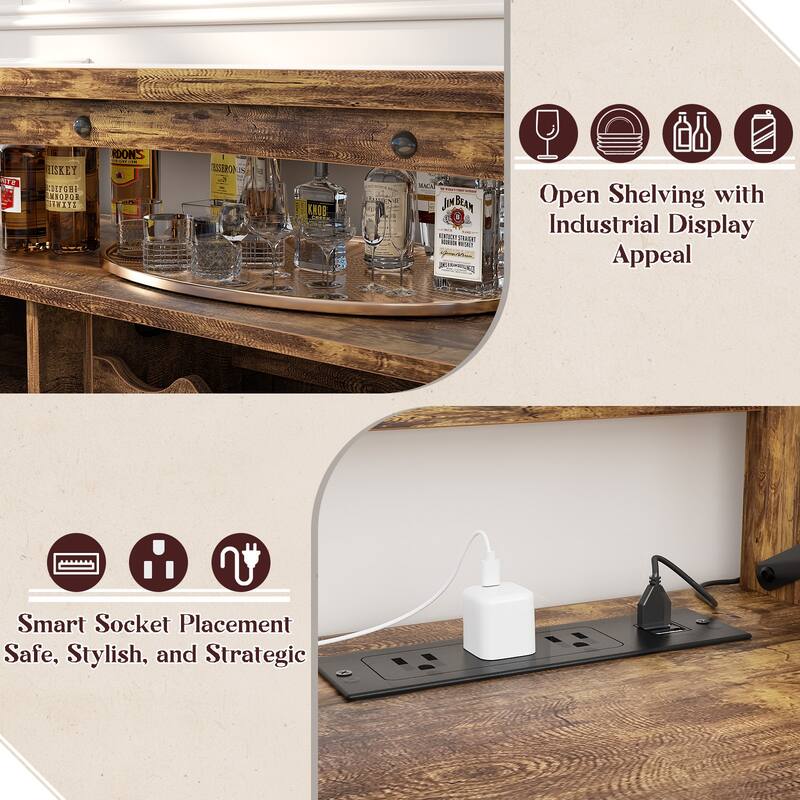 Farmhouse 47" Wine Bar Cabinet with Power Outlets & LED Lights, Industrial Coffee Bar Liquor Cabinet with Shelves & Wine Rack