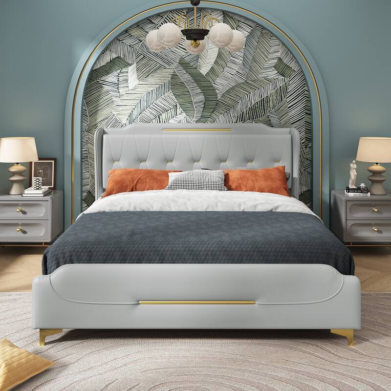 PU Upholstered Queen Size Leather Bed frame with Wingback Headboard and Footboard
