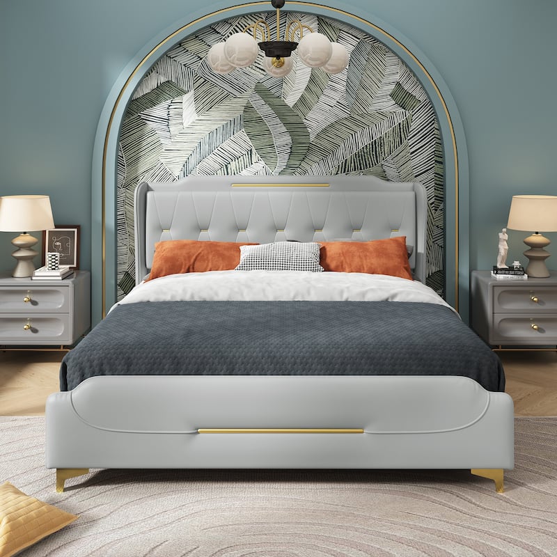 Uphou Modern Upholstered PU Leather Bed by Christopher Knight Home - Grey+Queen Size