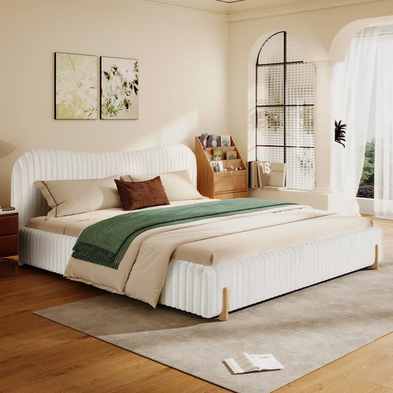 Elegant White Boucle Upholstered King Bed with Wavy Headboard
