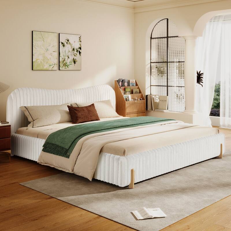 Queen Size Upholstered Bed with Wavy Headboard and Vertical Stitching in White Boucle Fabric
