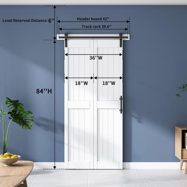 dimension image slide 0 of 9, Sanding 24in./28in./30in./36in./44in./48in.x 84in. MDF Bi-Fold Barn Door with Hardware Kit ,Covered with Water-Proof PVC Surface