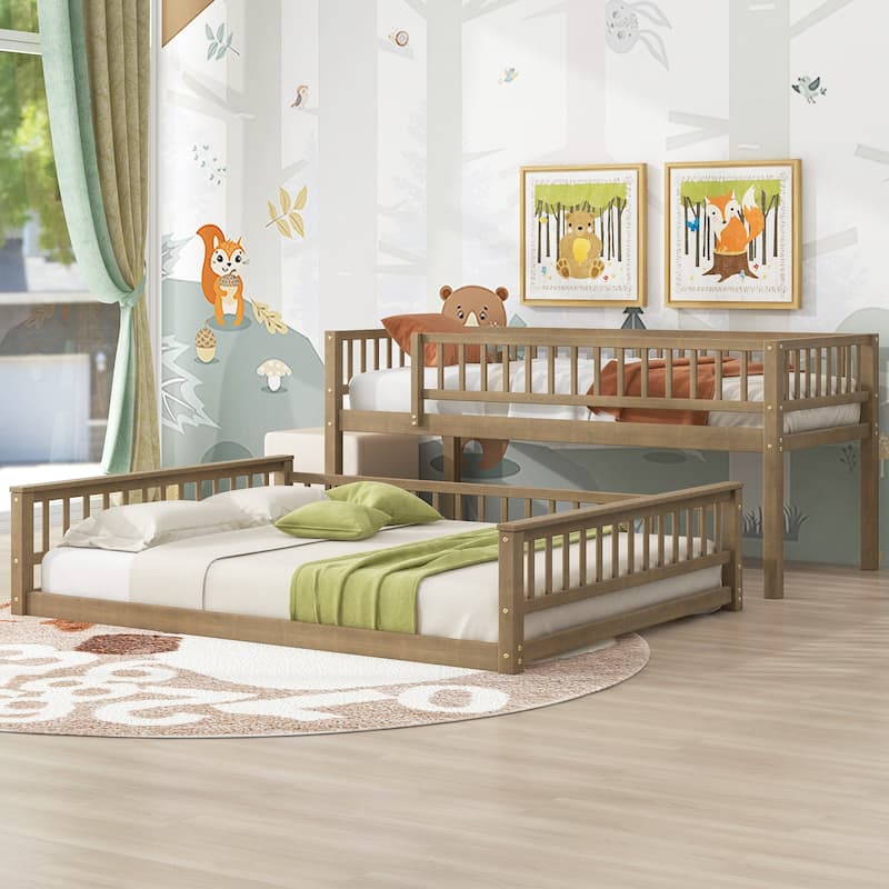 Bunk Bed Frame with Ladder and Guardrails, Detachable Design Wooden Bunk Bedframe into 2 Separate Platform Beds