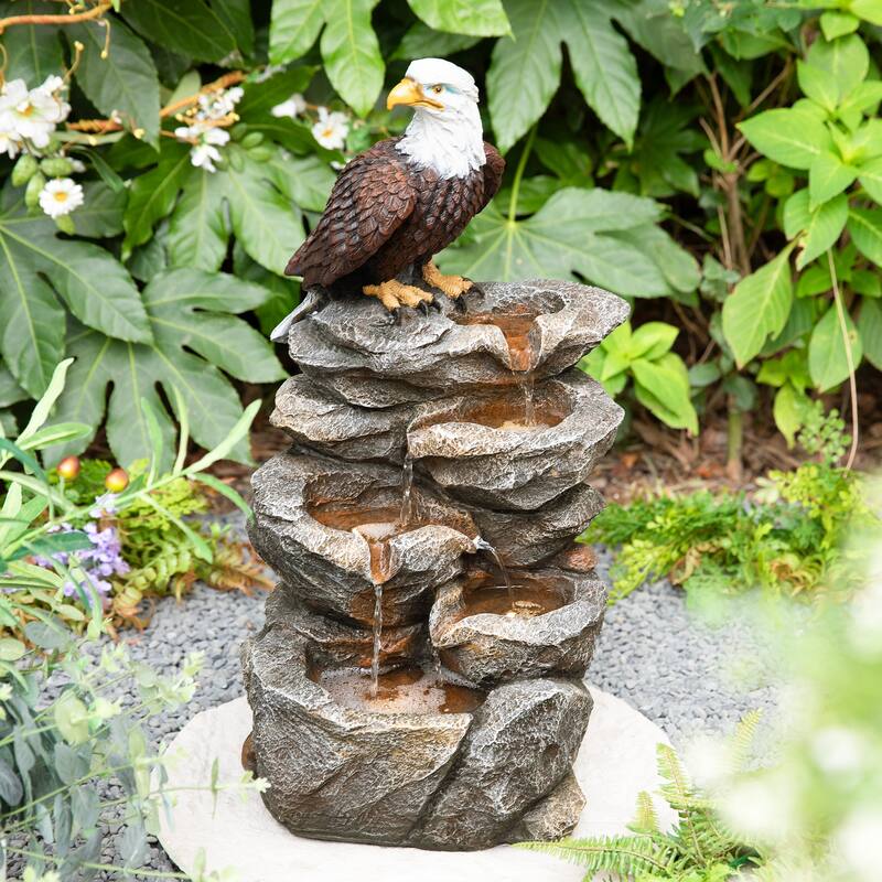 Glitzhome 25.25"H 4-Tiered Polyresin Eagel Stone Outdoor Fountain with Lights