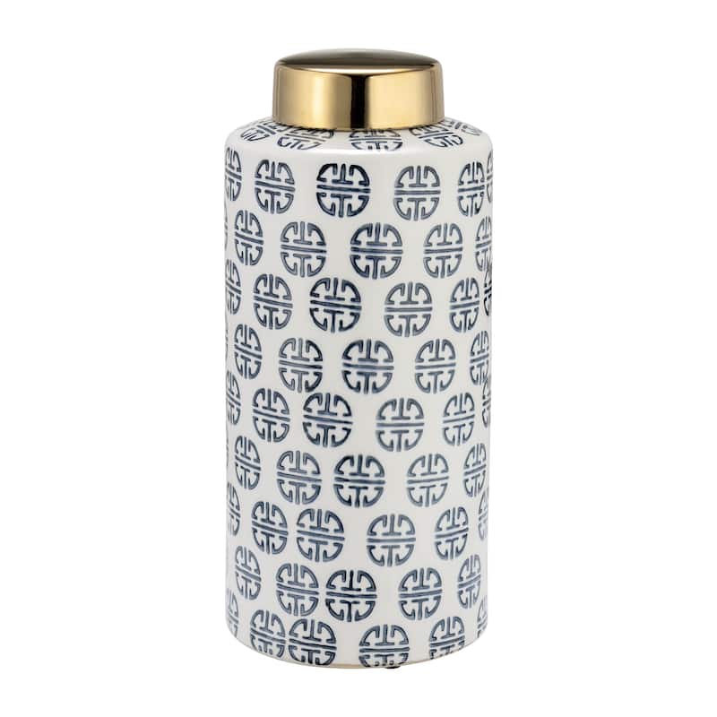 Sagebrook Home Modern Navy and White Ginger Jar with Gold Lid - Abstract Blue - 6" x 6" x 13"