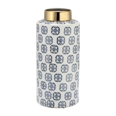 Sagebrook Home Modern Navy and White Ginger Jar with Gold Lid