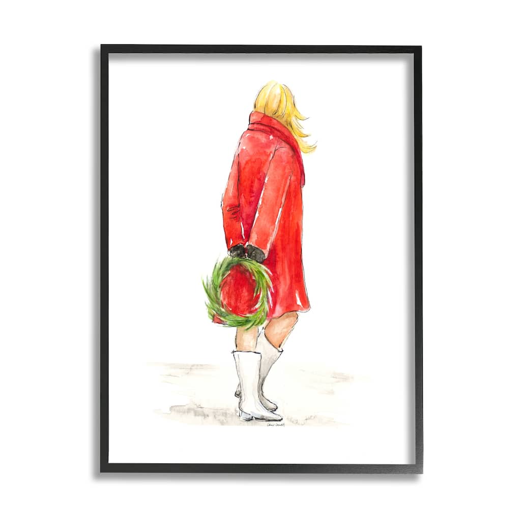 Stupell Glam Fashion Red Jacket Christmas Woman with Wreath Framed Wall Art