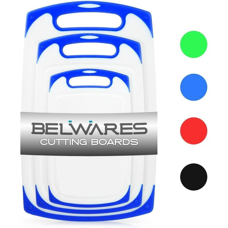 Cutting Boards for Kitchen, Plastic Chopping Board Set of 3 with Non-Slip Feet and Juice Groove, Dishwasher Safe! - Blue